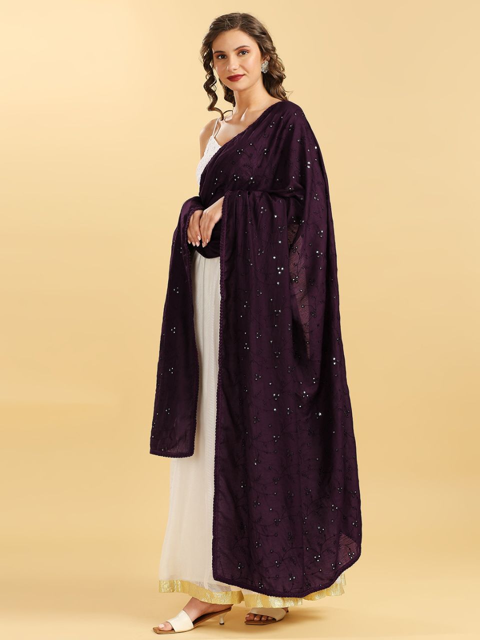 Chanderi Cotton Embroidered Dupatta with Mirror Work.