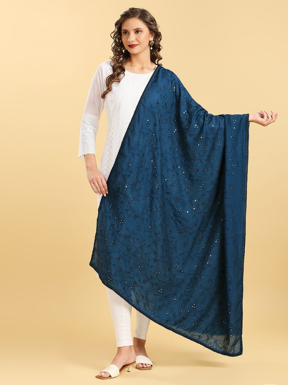Chanderi Cotton Embroidered Dupatta with Mirror Work.