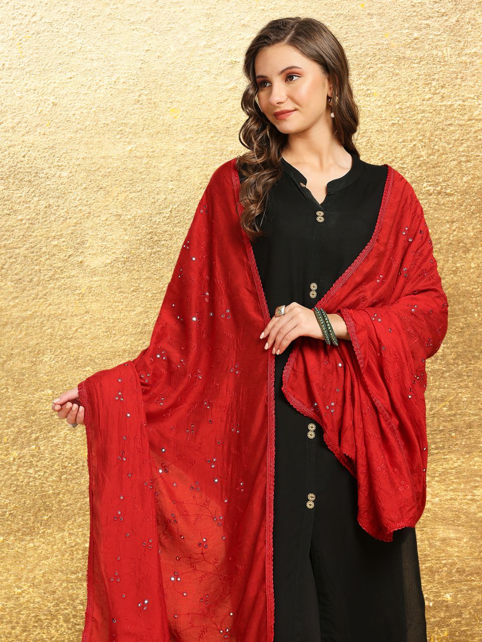 Chanderi Cotton Embroidered Dupatta with Mirror Work.