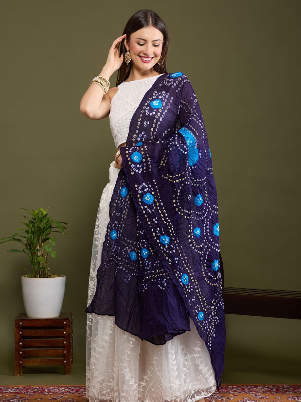 Navy Blue Cotton Bandhini Dupatta