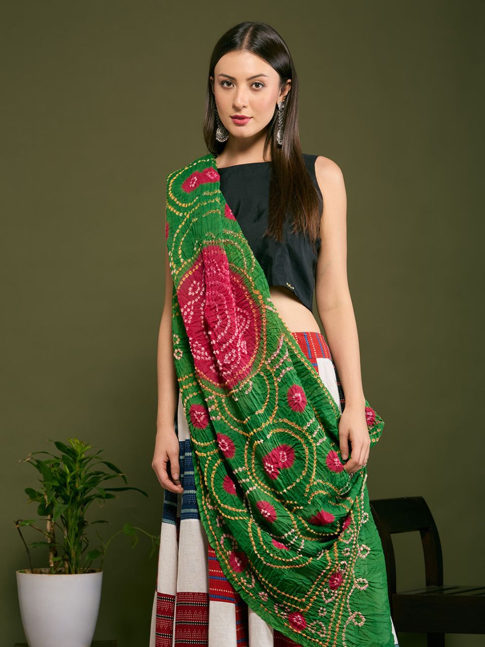 Green Bandhini Cotton Dupatta