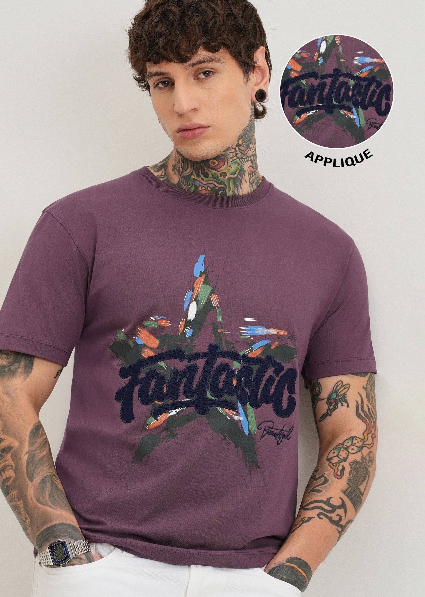 Violet Graphic Print Applique T-shirt