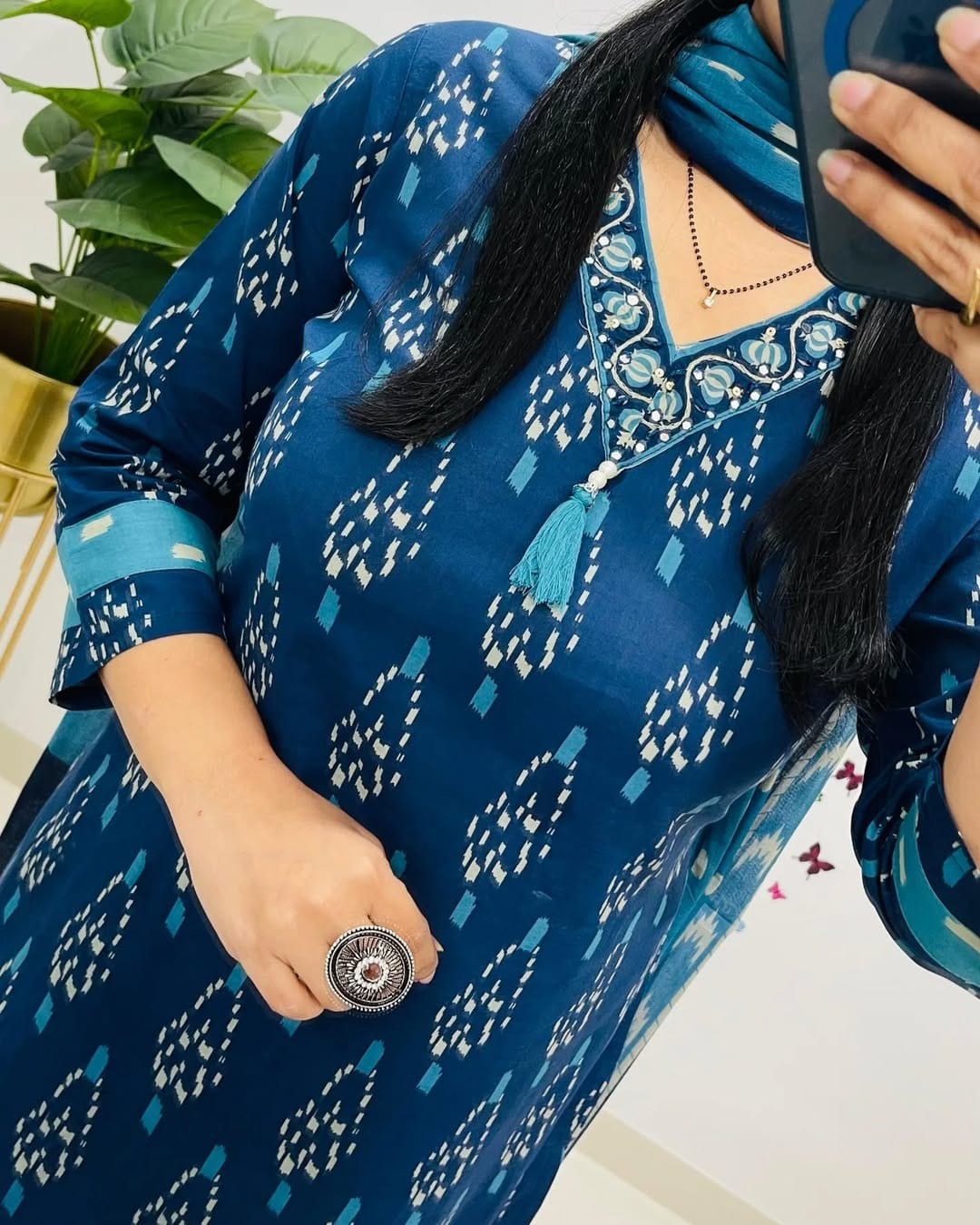 Premium Elegant Indigo Ikat Kurti Set
