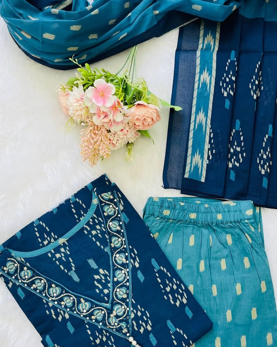 Premium Elegant Indigo Ikat Kurti Set