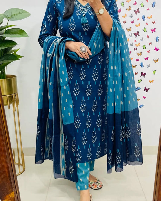 Premium Elegant Indigo Ikat Kurti Set