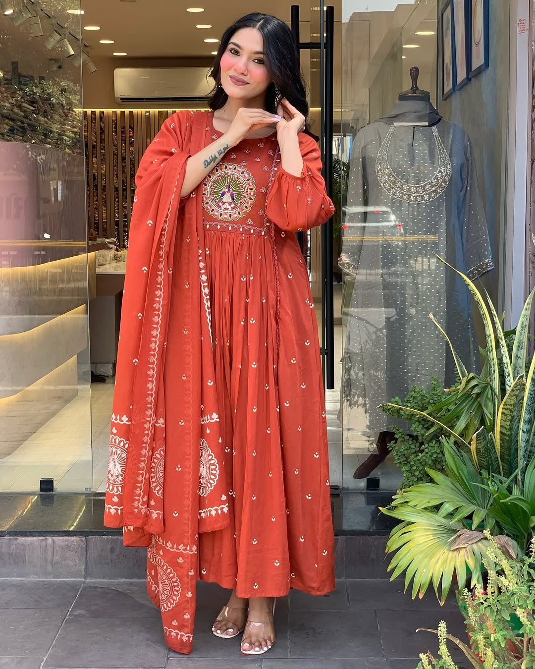 Kurta Terracotta Mirror Work Anarkali Set