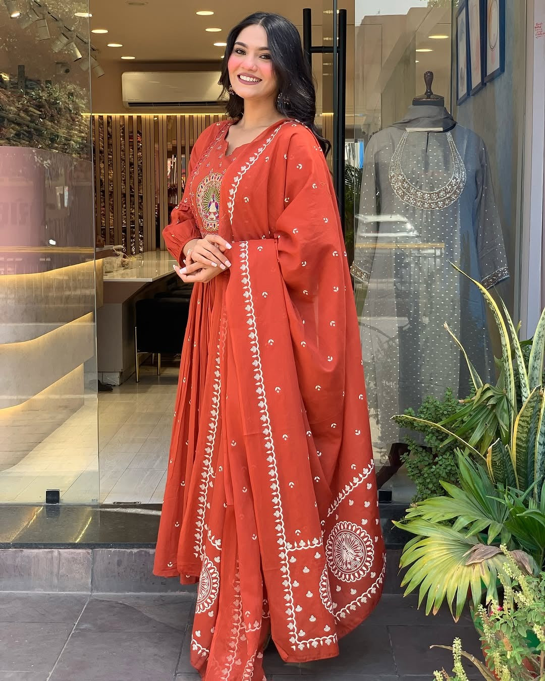 Kurta Terracotta Mirror Work Anarkali Set