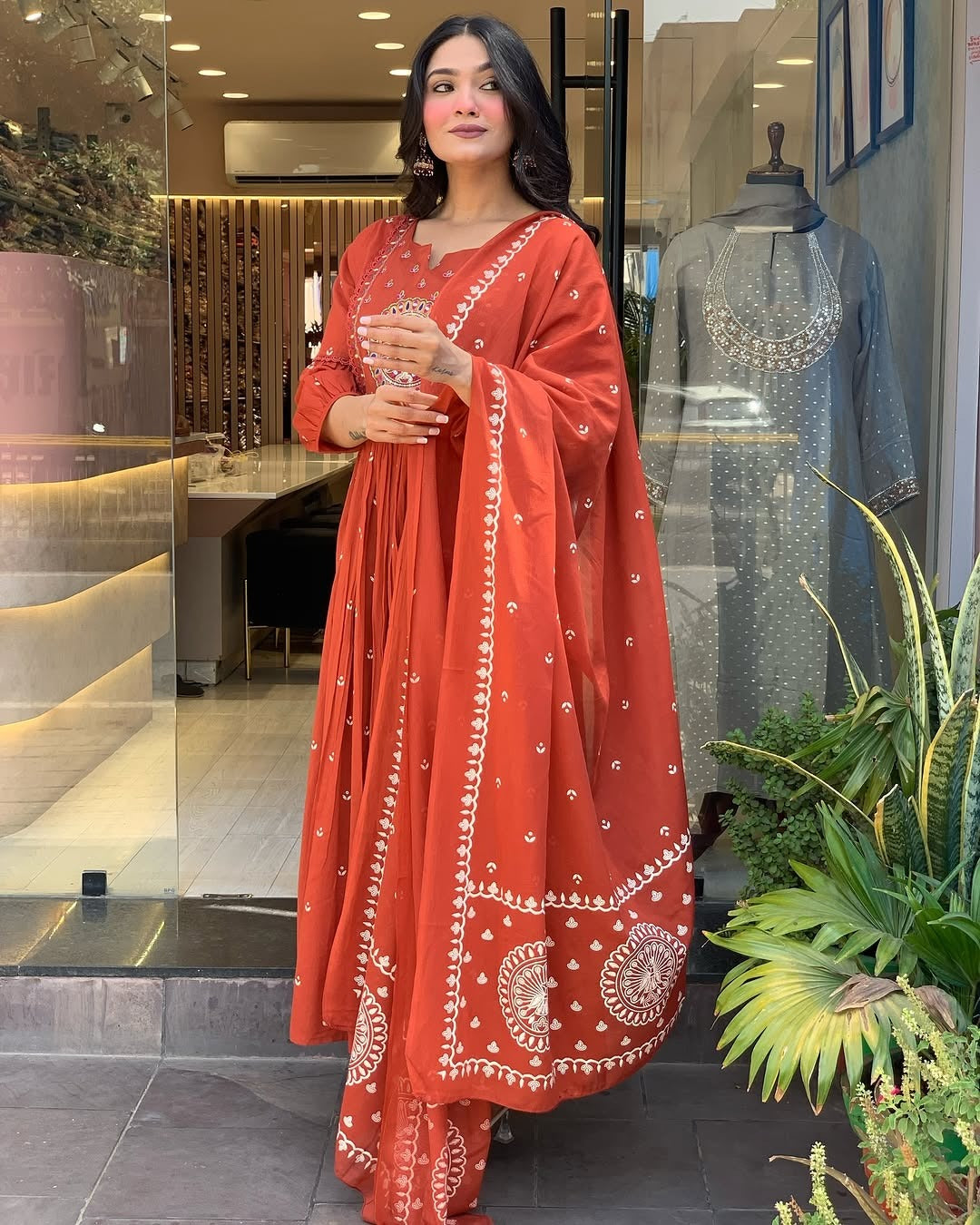 Kurta Terracotta Mirror Work Anarkali Set