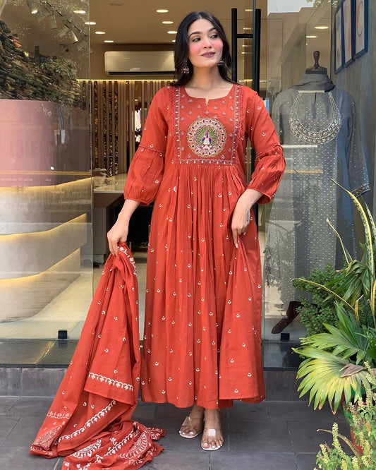 Kurta Terracotta Mirror Work Anarkali Set