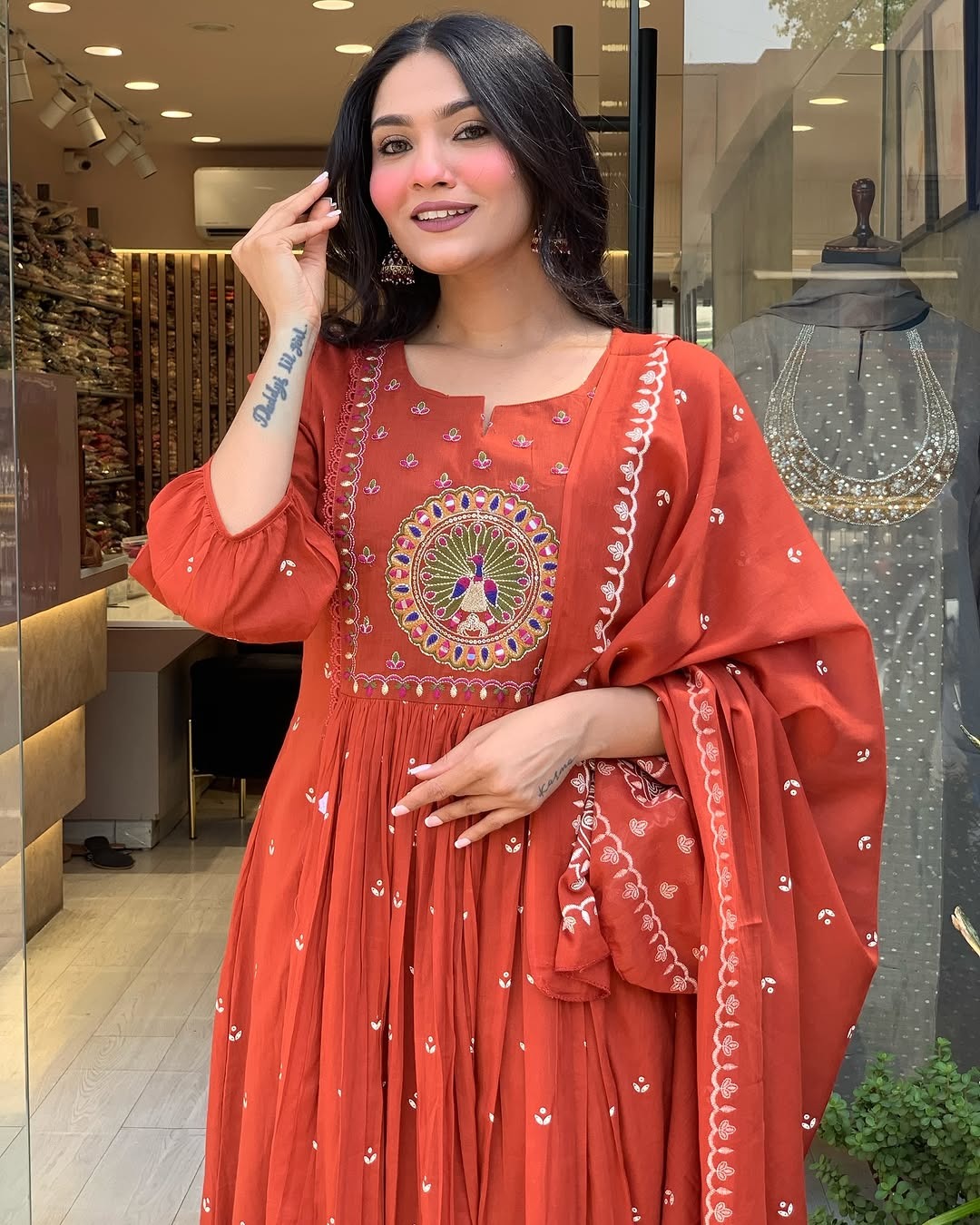 Kurta Terracotta Mirror Work Anarkali Set