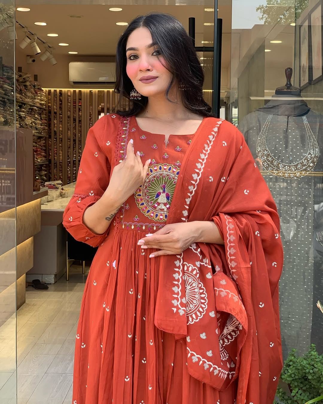 Kurta Terracotta Mirror Work Anarkali Set
