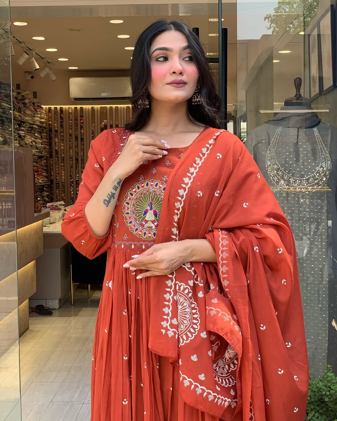 Kurta Terracotta Mirror Work Anarkali Set