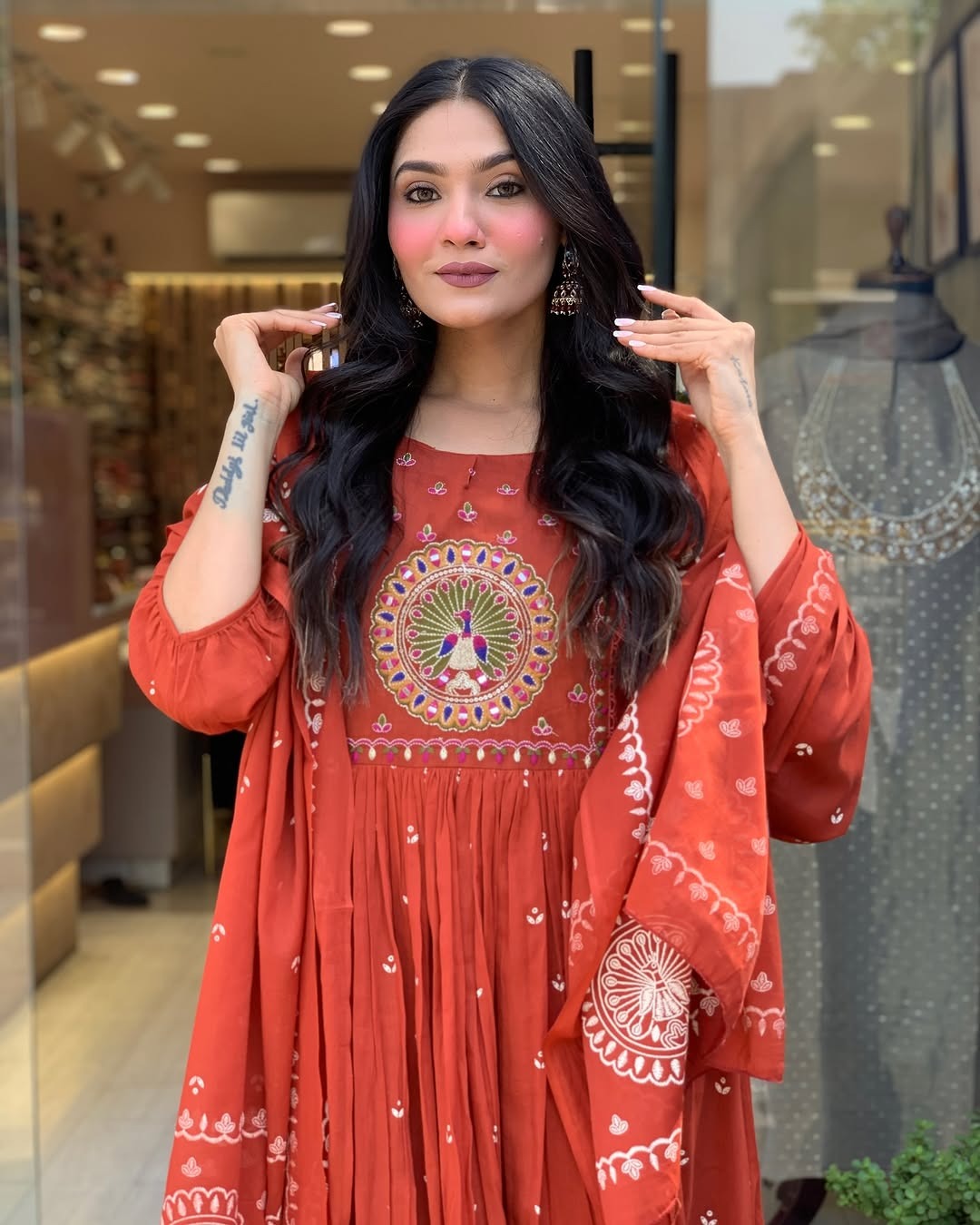 Kurta Terracotta Mirror Work Anarkali Set