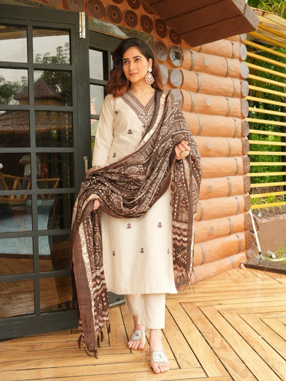 JAIPUR Beige Printed Khadi Cotton Kurta Set