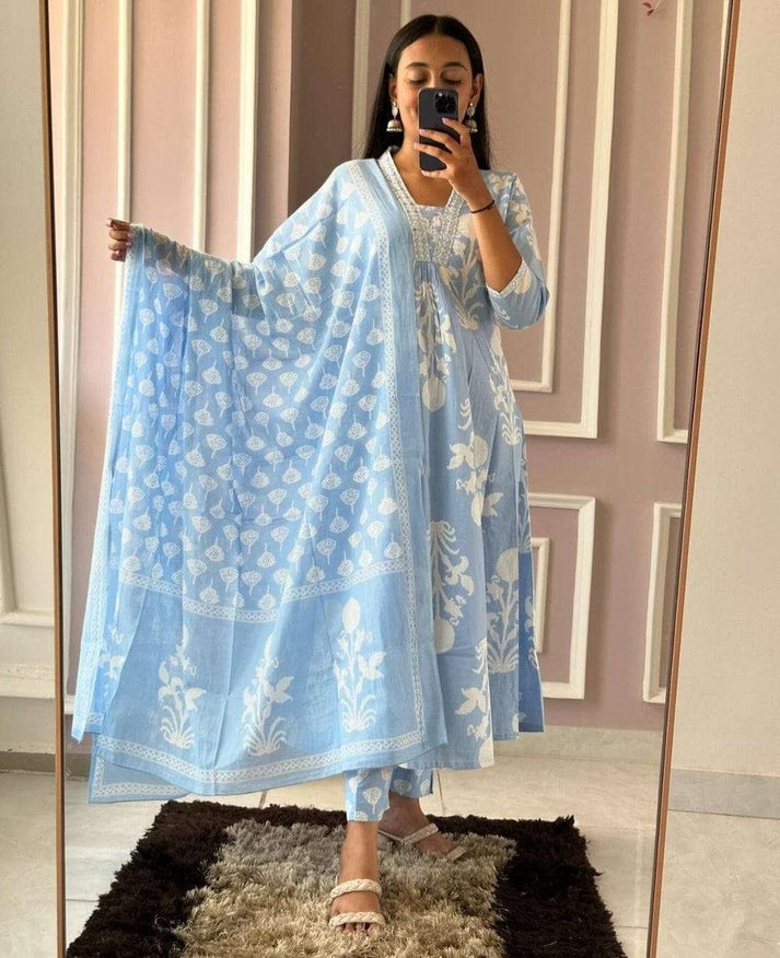 Premium Pure Cotton Kurti With Pant & Dupatta Set