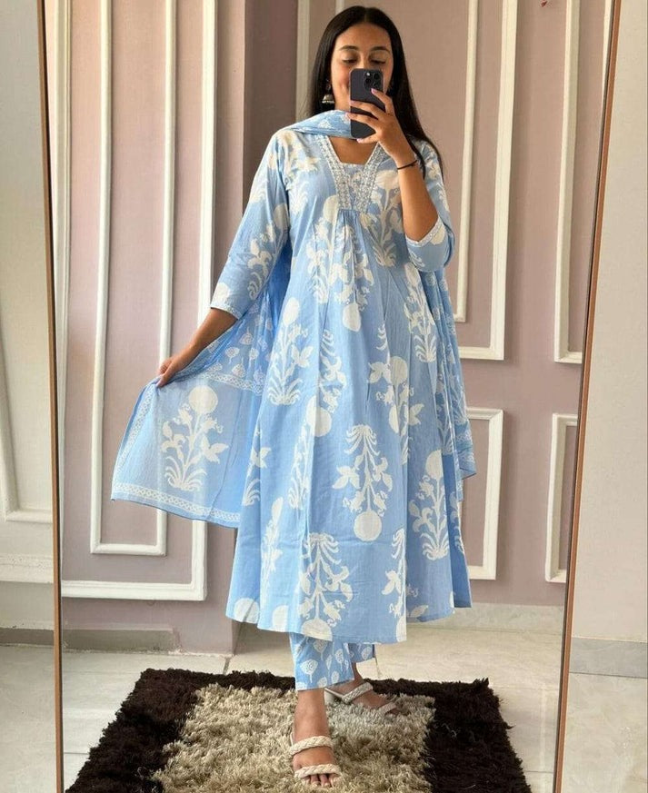 Premium Pure Cotton Kurti With Pant & Dupatta Set
