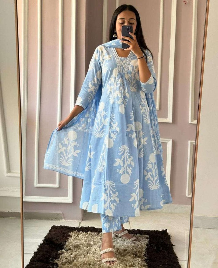 Premium Pure Cotton Kurti With Pant & Dupatta Set