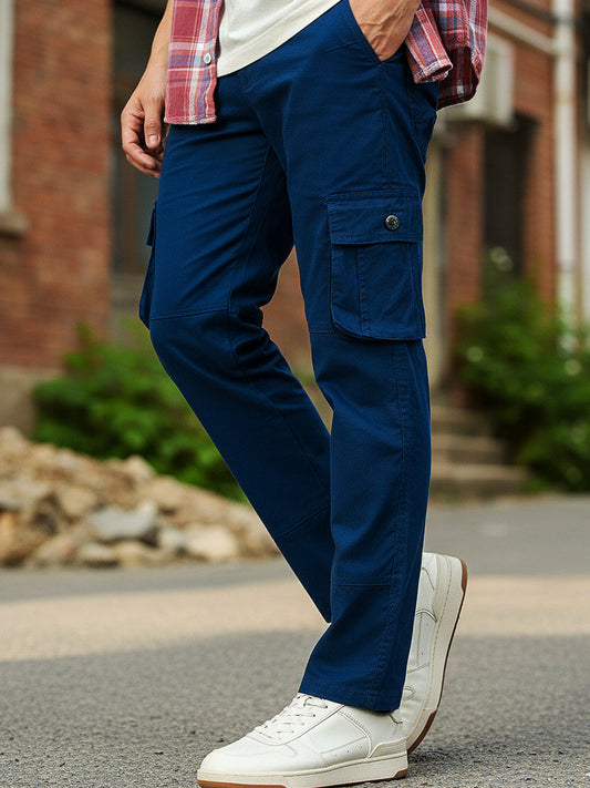 Men's Royal Blue Regular Fit Solid Cargo Chino Pant with 6 Pockets