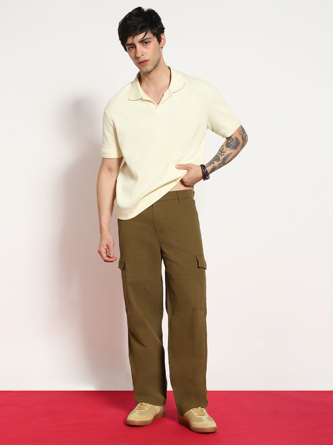 Men's Tobacco Loose Baggy Fit Solid Cargo Chino Pant with 6 Pockets Non-Stretchable