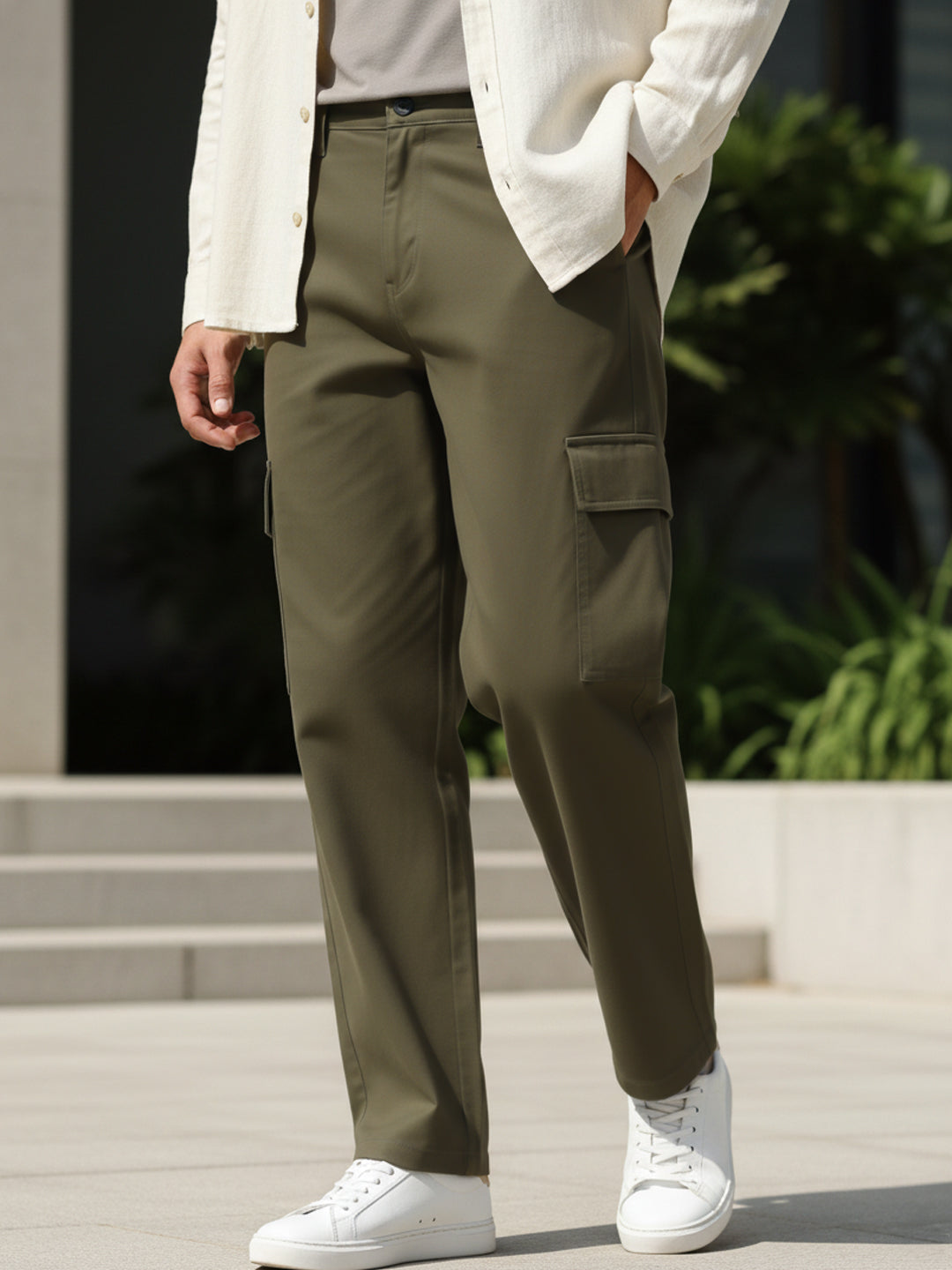 Urbano Fashion Men's Olive Loose Baggy Fit Solid Cargo Chino Pant with 6 Pockets Non-Stretchable