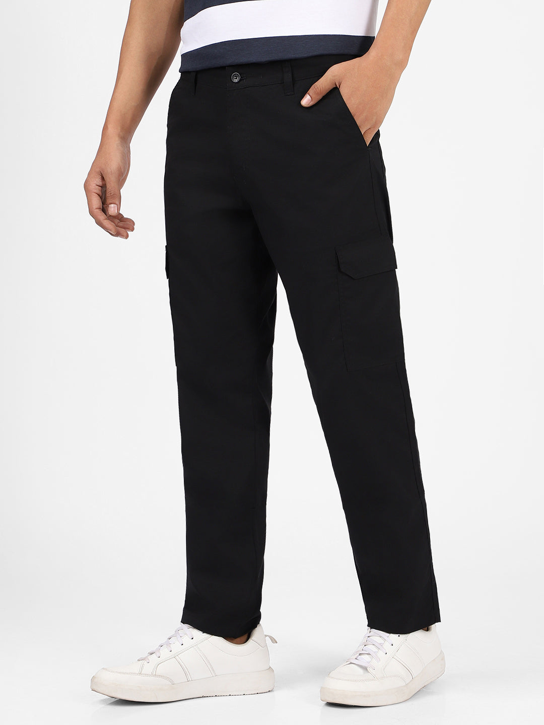 Men's Black Regular Fit Solid Cargo Chino Pant With 6 Pockets
