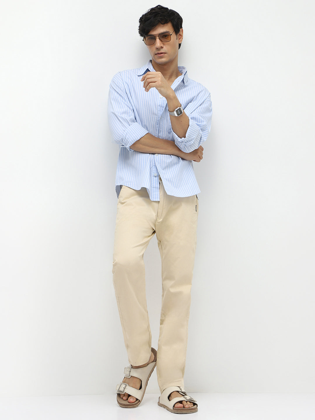 Men's Slim Fit Cream Casual Trousers Stretchable