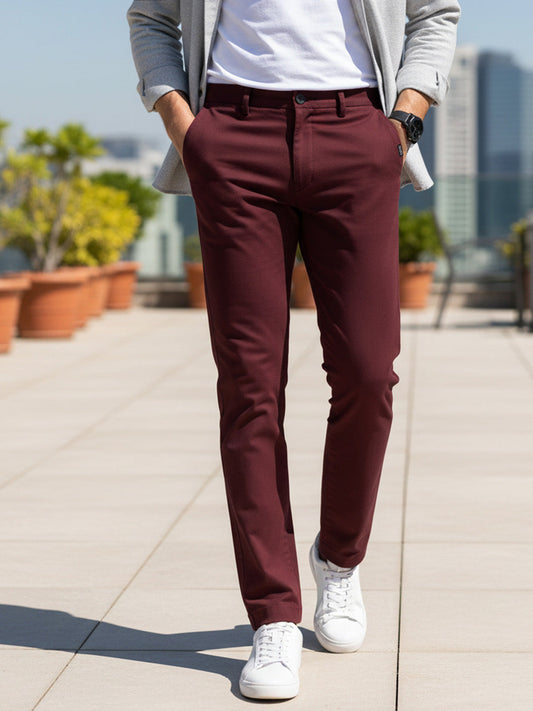 Men's Dark Maroon Cotton Regular Fit Casual Chinos Trousers Stretch
