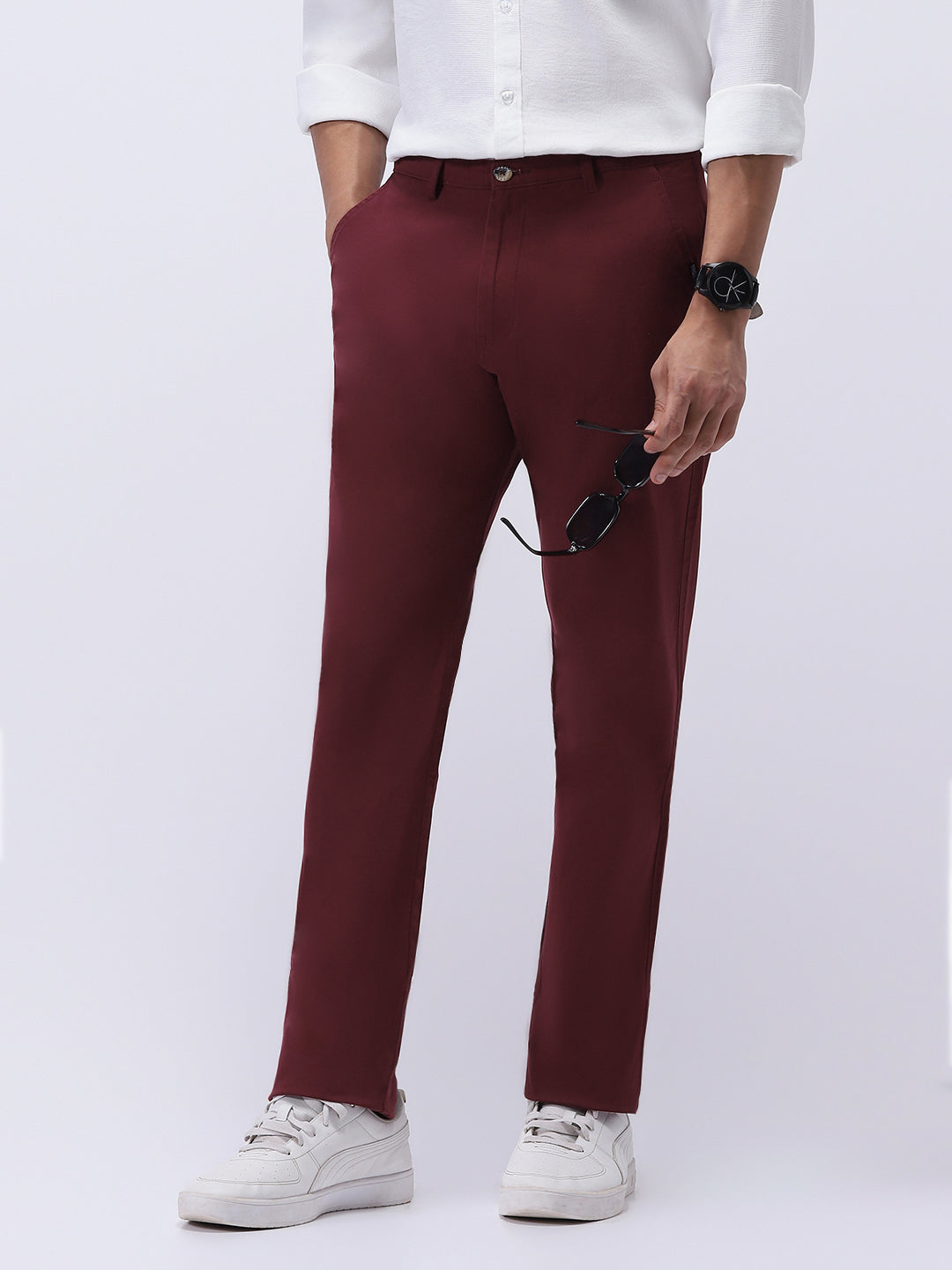 Men's Dark Maroon Cotton Regular Fit Casual Chinos Trousers Stretch