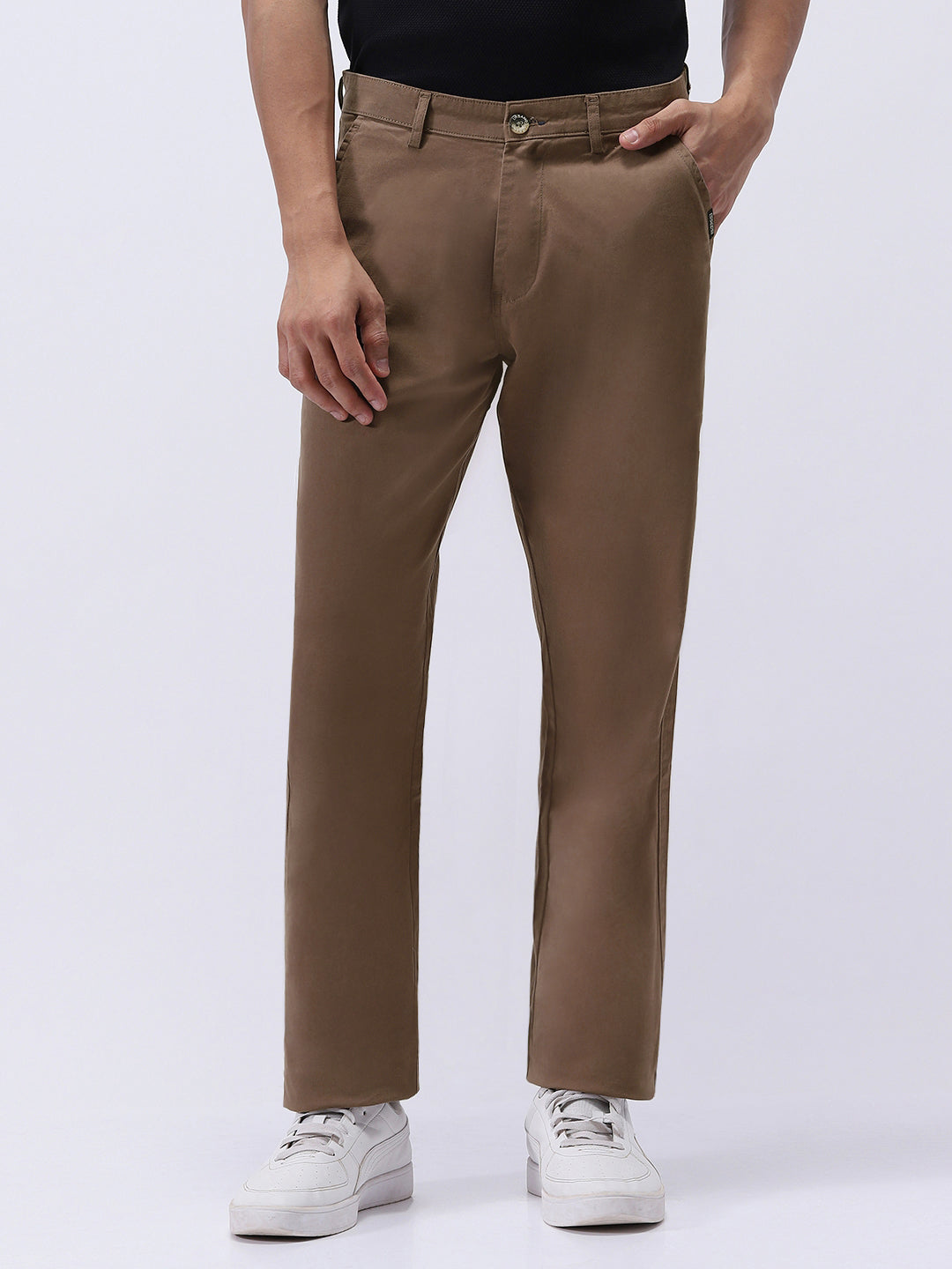 Men's Dark Taupe Cotton Regular Fit Casual Chinos Trousers Stretch