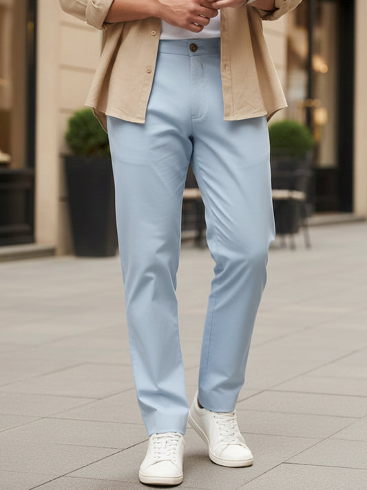 Men's Light Sky Blue Cotton Regular Fit Casual Chinos Trousers Stretch