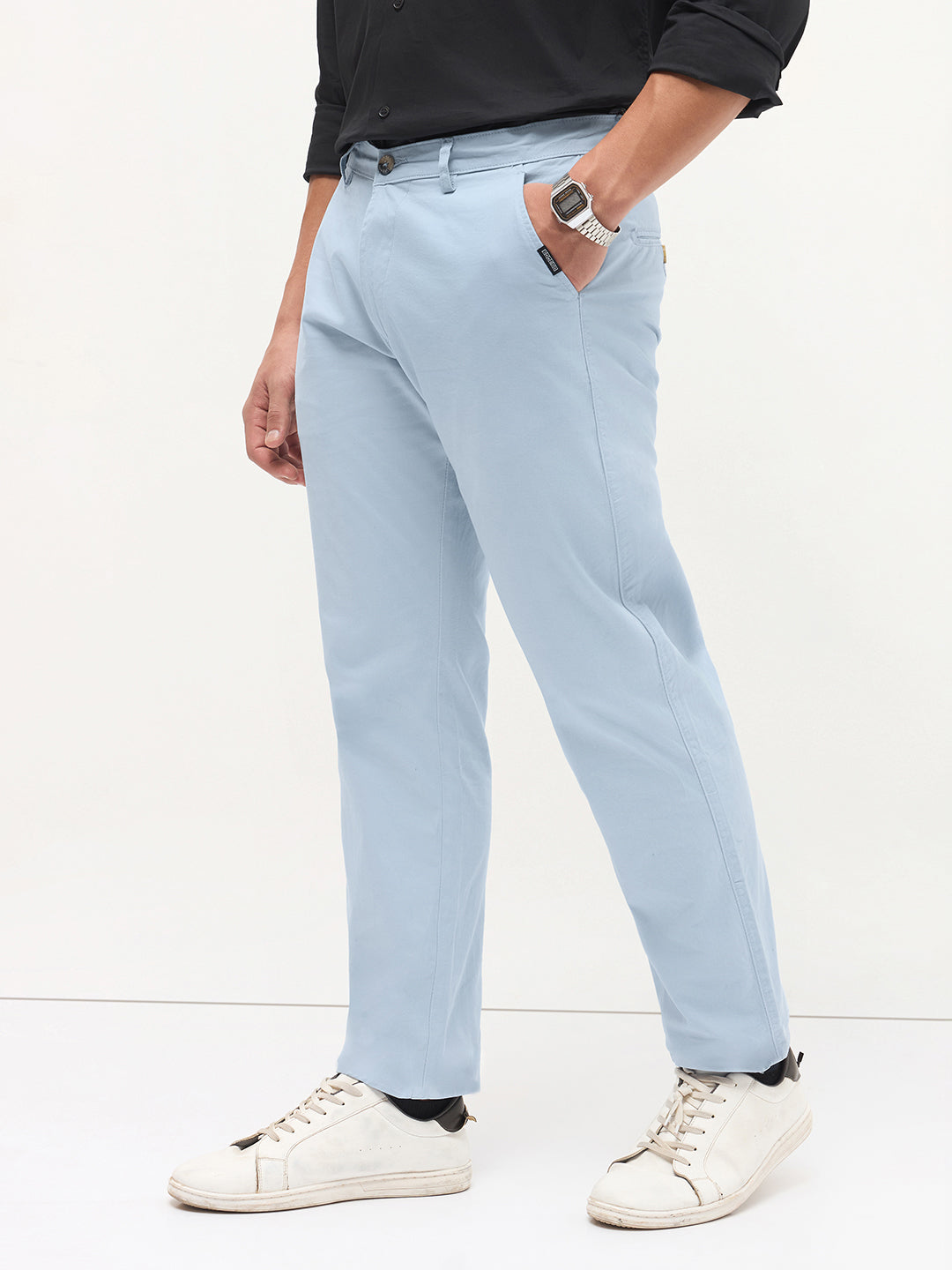 Men's Light Sky Blue Cotton Regular Fit Casual Chinos Trousers Stretch