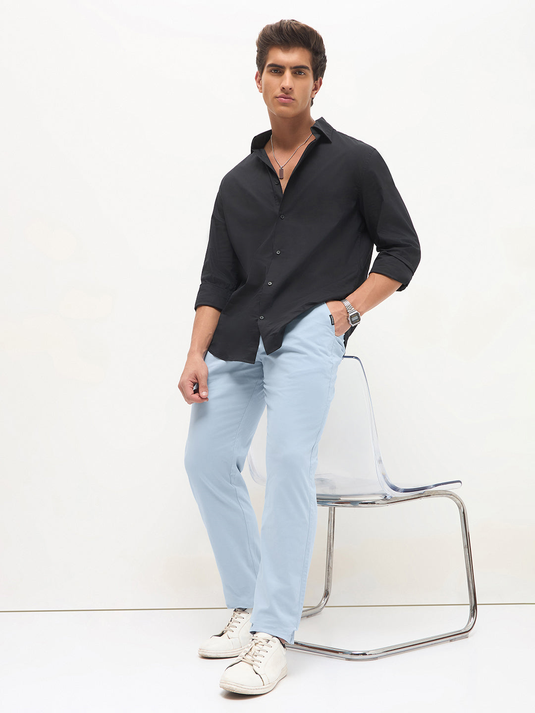 Men's Light Sky Blue Cotton Regular Fit Casual Chinos Trousers Stretch