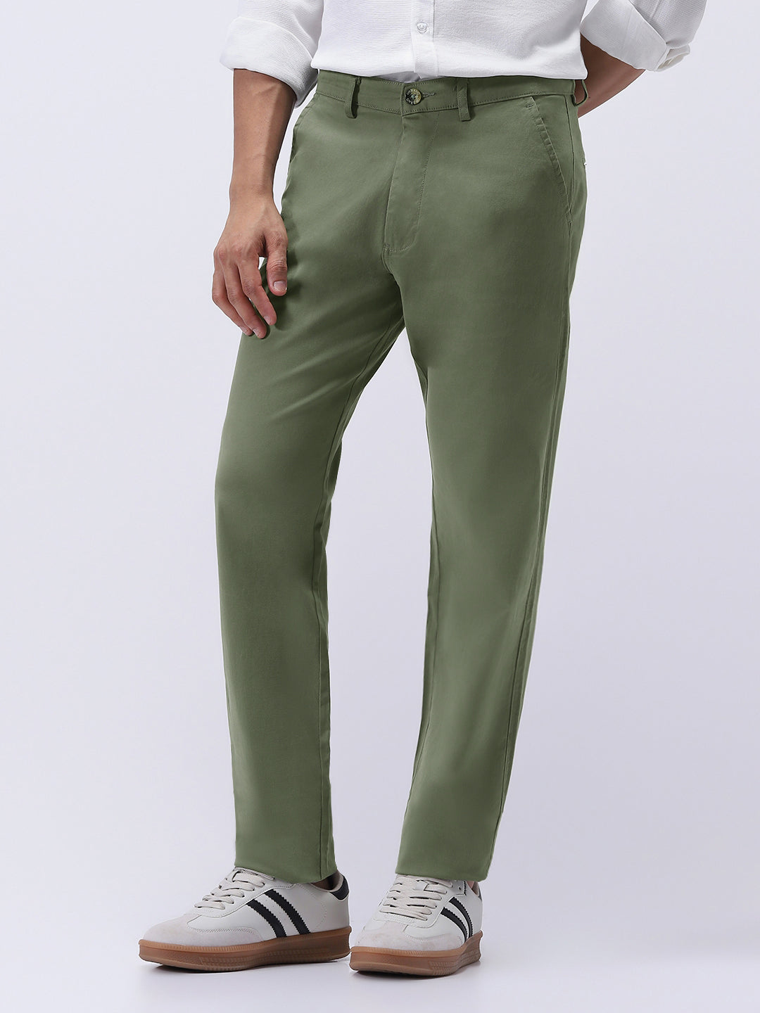Men's Sage Green Cotton Regular Fit Casual Chinos Trousers Stretch