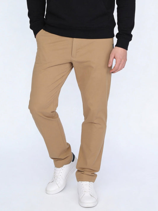 Men's Beige Straight Fit Mid Rise Cotton Casual Chinos Trousers Stretch