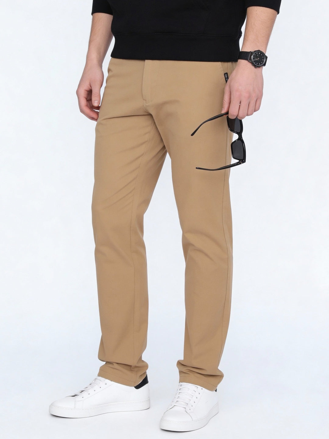 Men's Beige Straight Fit Mid Rise Cotton Casual Chinos Trousers Stretch