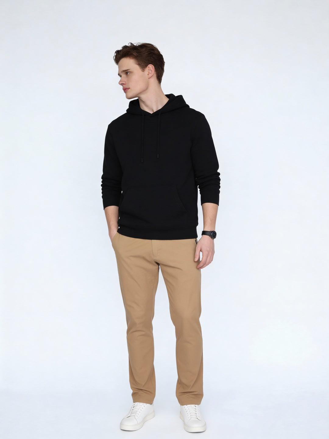 Men's Beige Straight Fit Mid Rise Cotton Casual Chinos Trousers Stretch