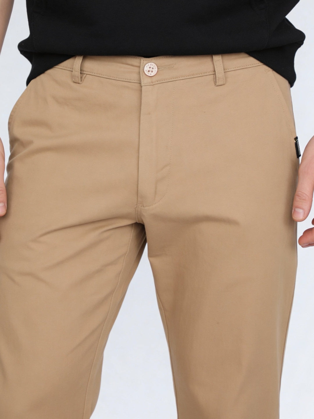 Men's Beige Straight Fit Mid Rise Cotton Casual Chinos Trousers Stretch