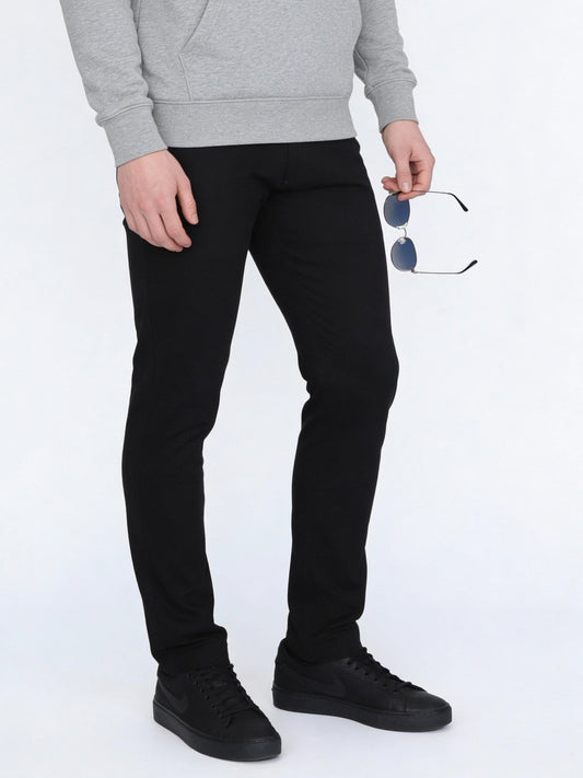 Men's Black Straight Fit Mid Rise Cotton Casual Chinos Trousers Stretch