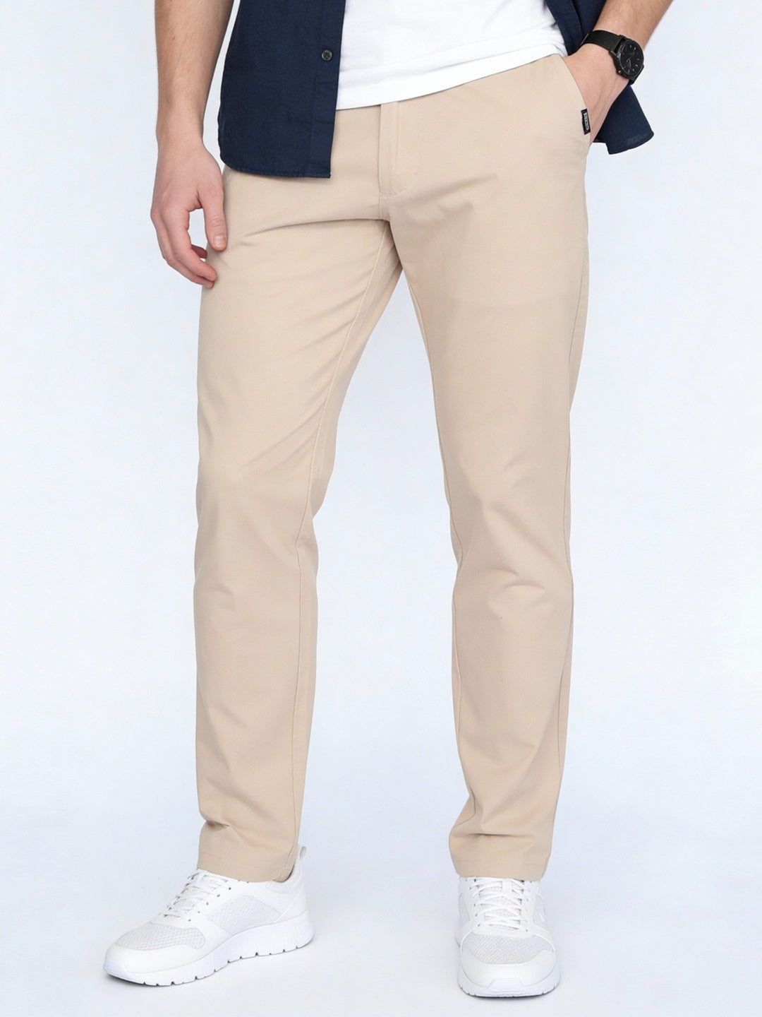 Men's Cream Straight Fit Mid Rise Cotton Casual Chinos Trousers Stretch