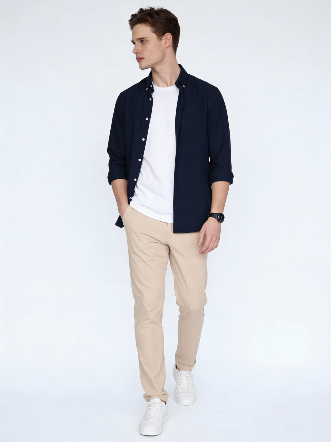Men's Cream Straight Fit Mid Rise Cotton Casual Chinos Trousers Stretch