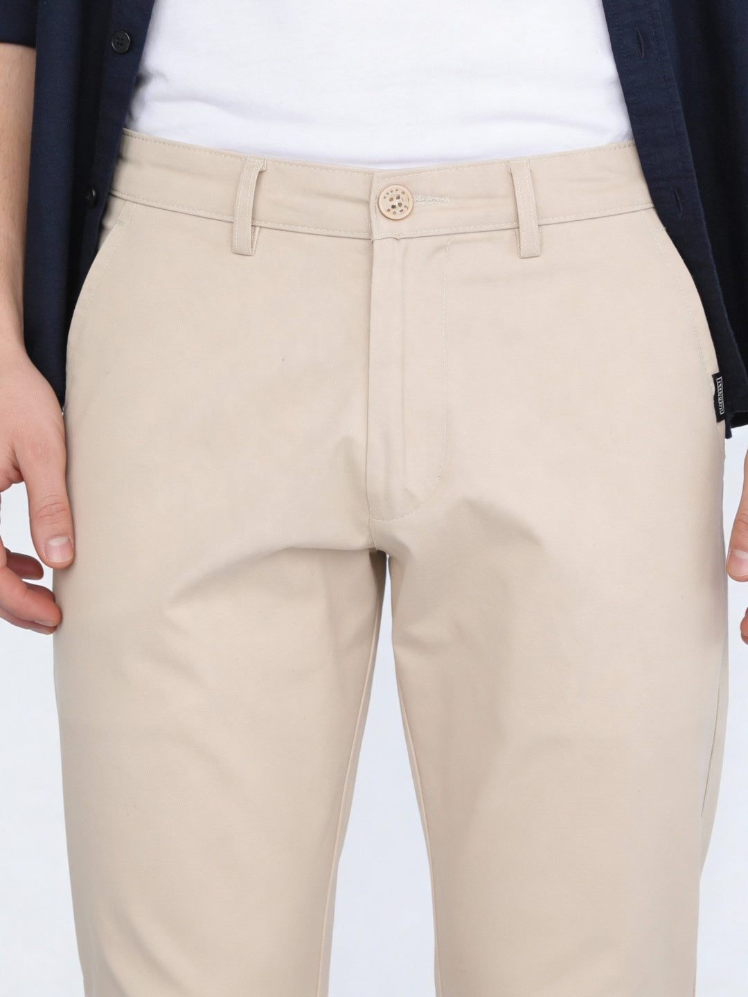 Men's Cream Straight Fit Mid Rise Cotton Casual Chinos Trousers Stretch