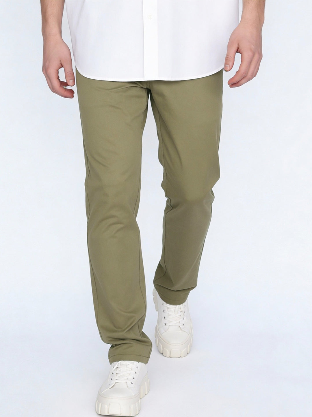 Men's Light Olive Straight Fit Mid Rise Cotton Casual Chinos Trousers Stretch