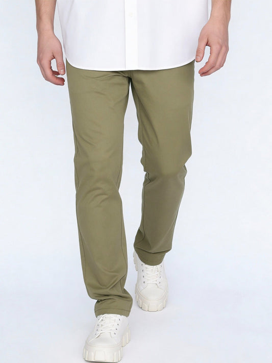 Men's Light Olive Straight Fit Mid Rise Cotton Casual Chinos Trousers Stretch