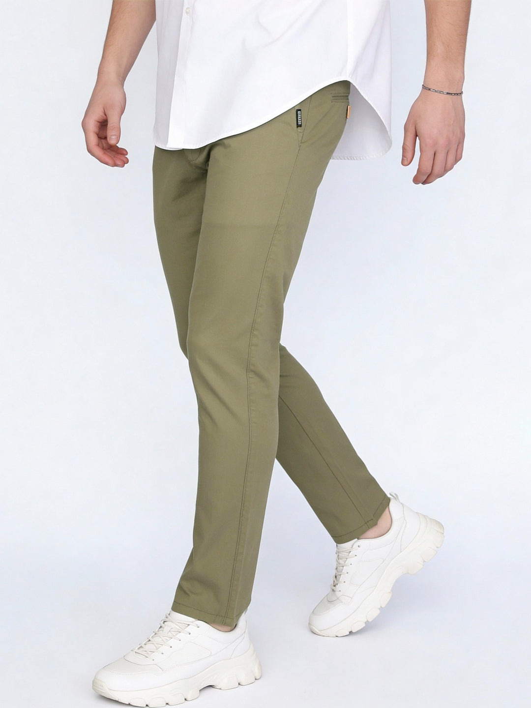 Men's Light Olive Straight Fit Mid Rise Cotton Casual Chinos Trousers Stretch