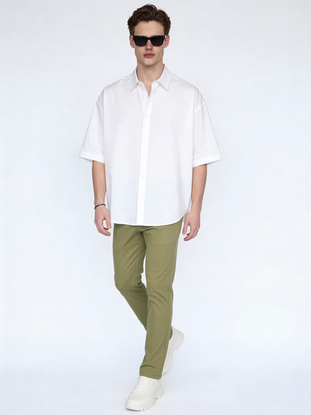 Men's Light Olive Straight Fit Mid Rise Cotton Casual Chinos Trousers Stretch