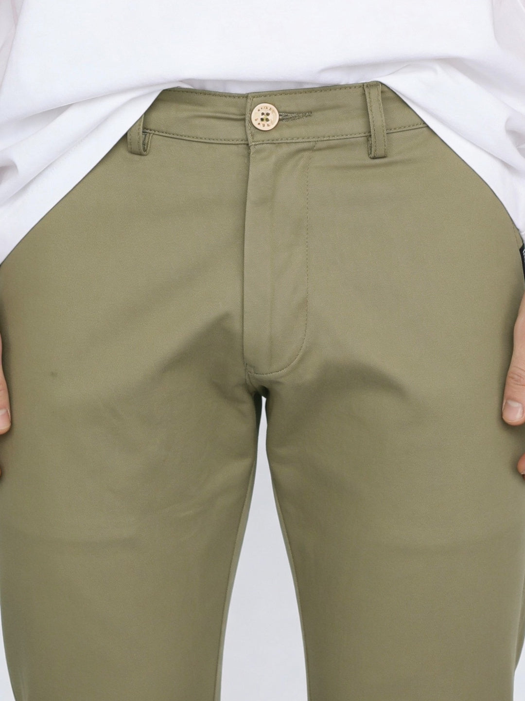 Men's Light Olive Straight Fit Mid Rise Cotton Casual Chinos Trousers Stretch