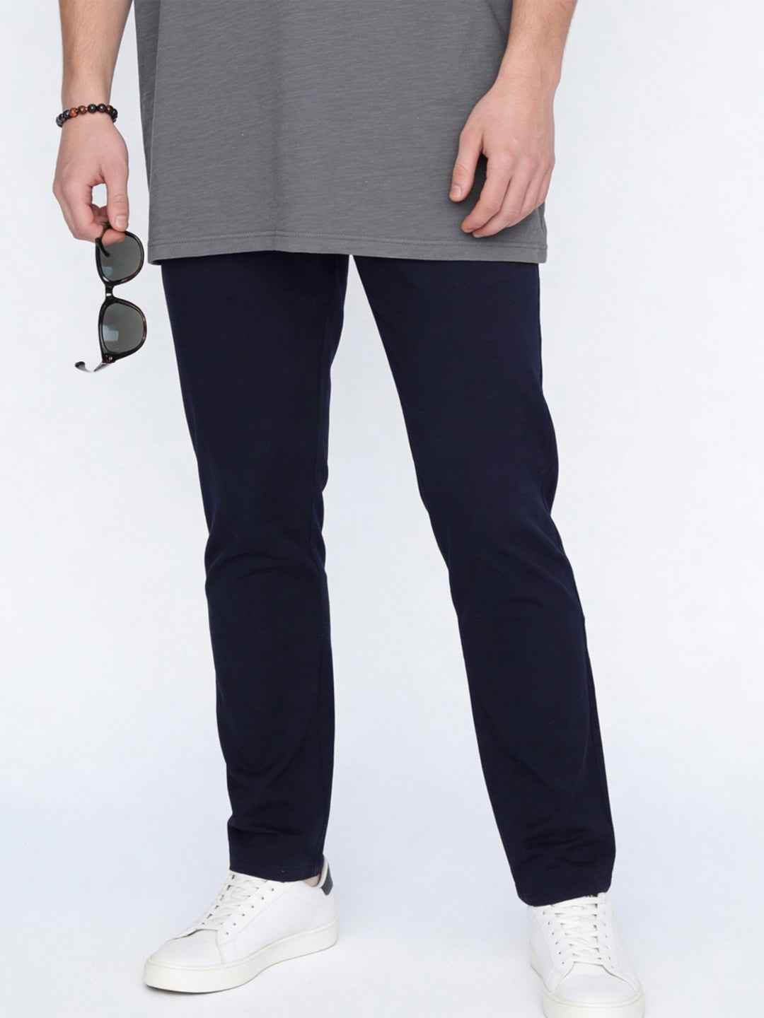 Men's Navy Straight Fit Mid Rise Cotton Casual Chinos Trousers Stretch