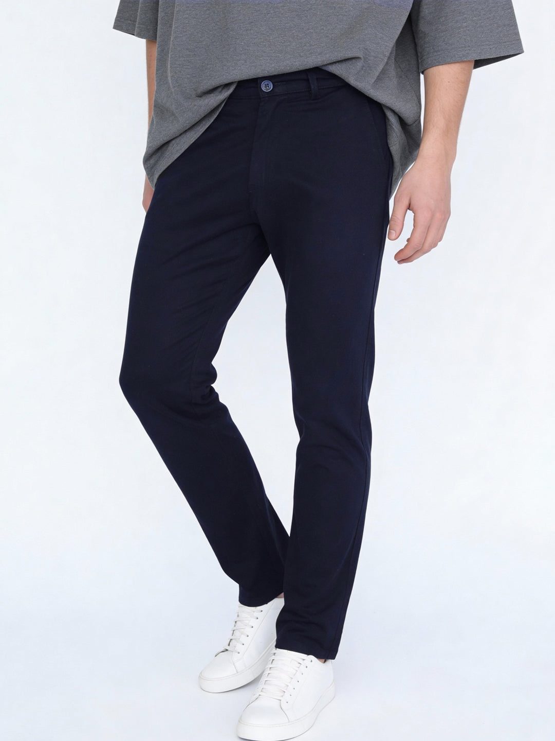 Men's Navy Straight Fit Mid Rise Cotton Casual Chinos Trousers Stretch