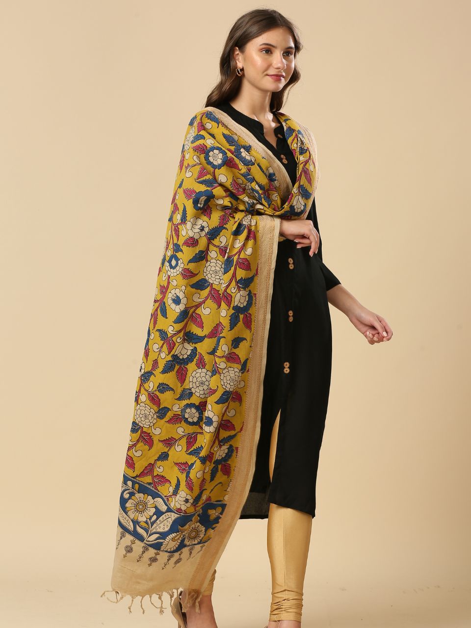 Kalamkari Mangalgiri Beige & Mustard Cotton Dupatta