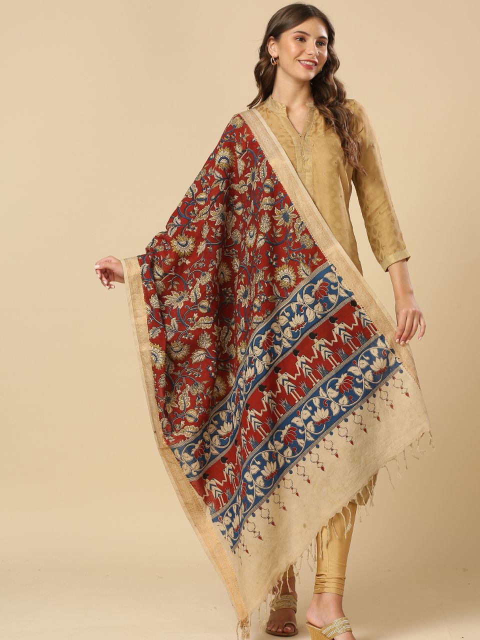 Kalamkari Mangalgiri Maroon & Beige Cotton Dupatta